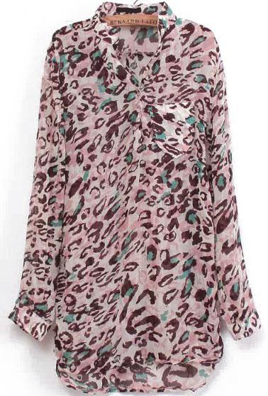 Romwe V Neck Dip Hem Leopard Print Blouse