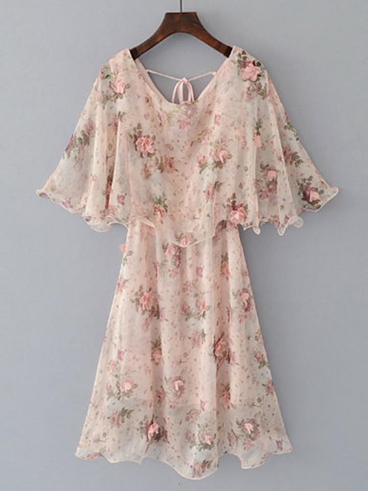 Romwe Flower Embellished Frill Trim Tie Back Chiffon Dress
