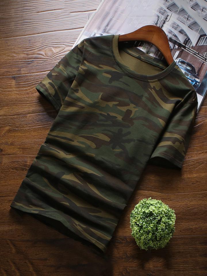 Romwe Men Camo Cuffed Tee