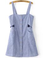 Romwe Blue Single Breasted Front Cut Out Pinafore Dress
