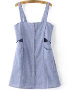 Romwe Blue Single Breasted Front Cut Out Pinafore Dress