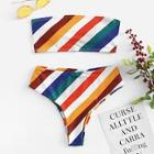 Romwe Striped Bandeau Top With Bikini Set
