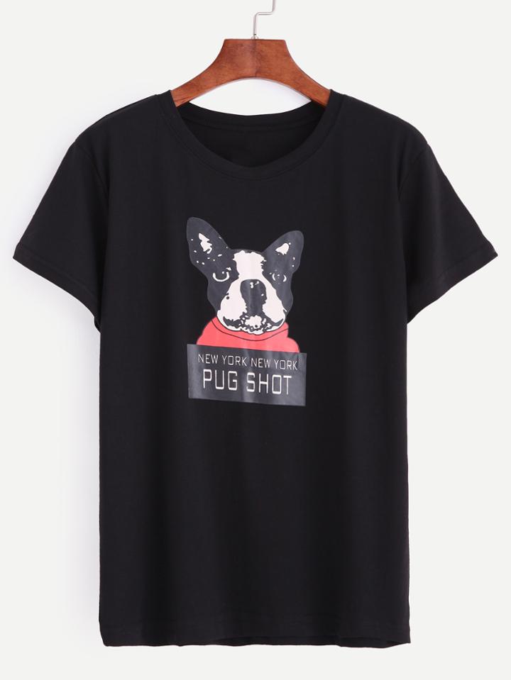 Romwe Black Dog Print T-shirt