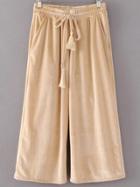 Romwe Light Khaki Drawstring Waist Velvet Wide Leg Pants