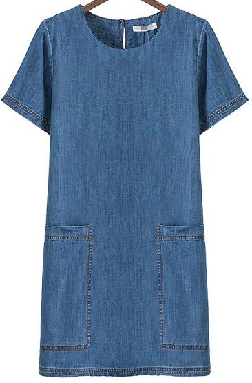 Romwe Blue Short Sleeve Pockets Straight Denim Dress