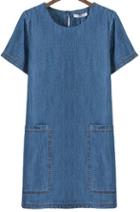 Romwe Blue Short Sleeve Pockets Straight Denim Dress