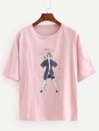 Romwe Cartoon Portrait Print Pink T-shirt