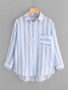 Romwe Drop Shoulder Single Pocket Striped Crinkle Shirt