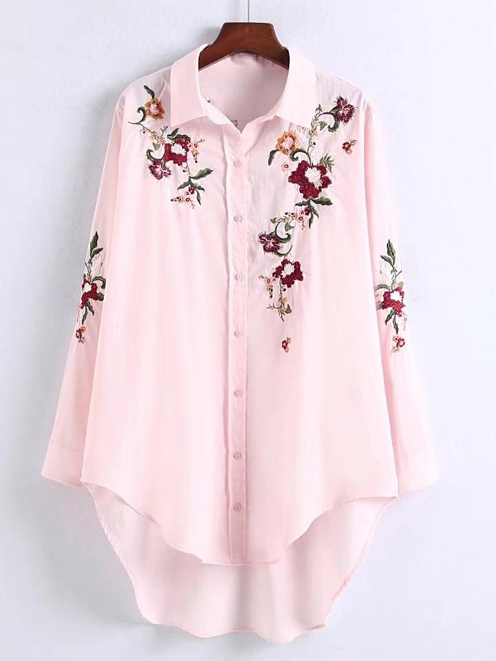 Romwe Flower Embroidery Dolphin Hem Blouse