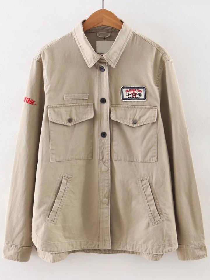 Romwe Khaki Letter Embroidery Dip Hem Coat With Pockets