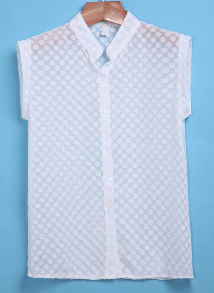 Romwe With Buttons Polka Dot Chiffon White Top