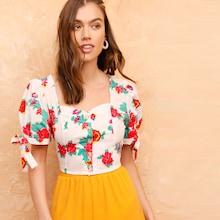 Romwe Puff Knot Sleeve Button Front Floral Top