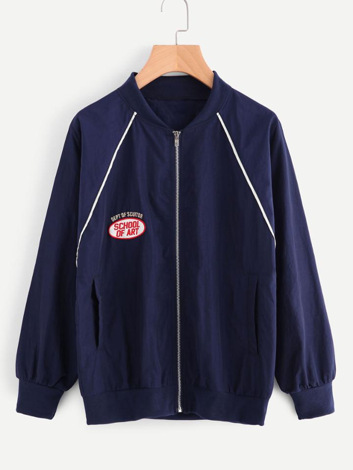 Romwe Patch Detail Zip Up Jacket