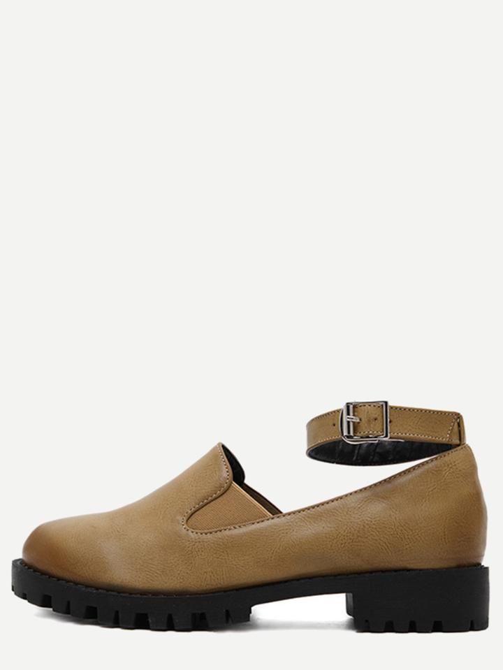 Romwe Brown Faux Leather Ankle Strap Elastic Shoes