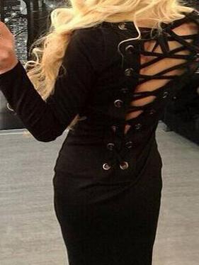 Romwe Scoop Neck Lace Up Back Sheath Black Dress