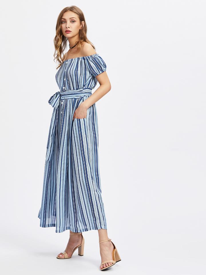 Romwe Bardot Vertical Striped Dress With Self Tie