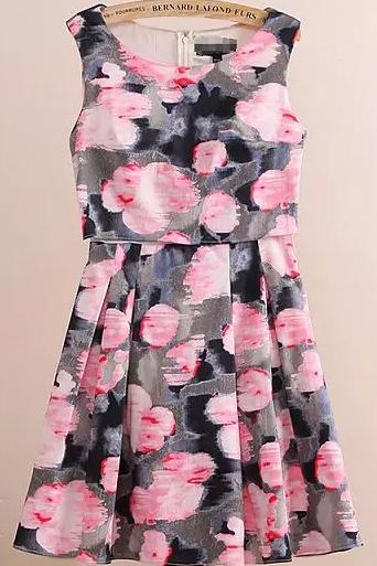 Romwe Ink Print Pleated Dress