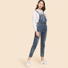 Romwe Ripped Pocket Decoration Denim Overalls