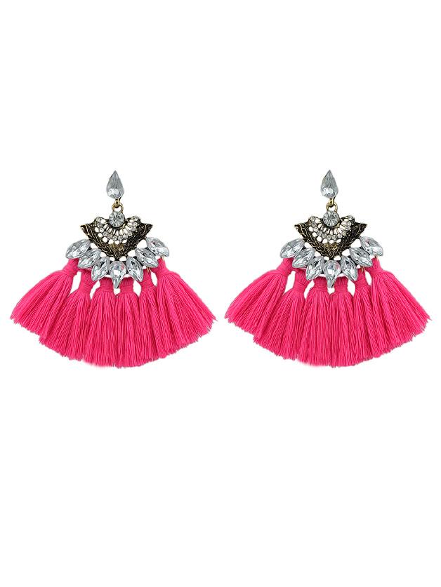 Romwe Hotpink Luxury Rhinestone With Long Tassel Sector Shape Bohemian Earrings