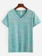 Romwe Green V Neck Striped T-shirt
