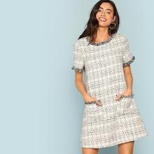 Romwe Frayed Edge Pocket Front Tweed Dress