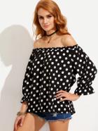 Romwe Black Polka Dot Off The Shoulder Top