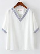 Romwe Grey V Collar Plain Casual T-shirt