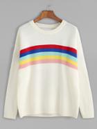 Romwe White Dropped Shoulder Seam Rainbow Striped Sweater