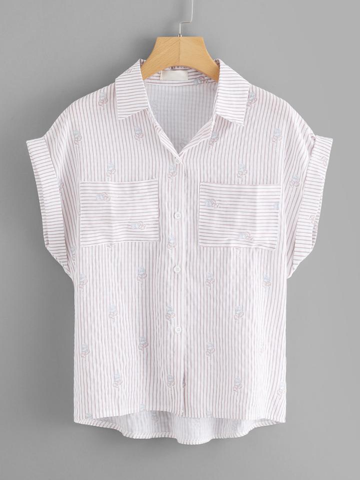 Romwe Dual Pocket Floral Print Striped Cuffed Shirt