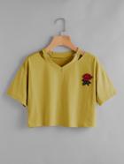 Romwe Cut Out Neck Rose Patch Crop Tee
