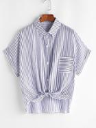 Romwe Striped Knotted Front Shirt With Pocket