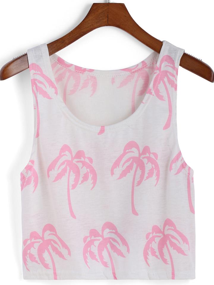 Romwe Coconut Trees Print White Tank Top