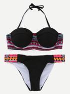Romwe Black Aztec Print Push Up Bikini Set