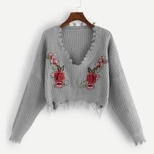 Romwe Raw Hem Applique Sweater