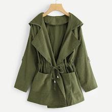 Romwe Plus Waterfall Neck Knot Front Ruched Solid Coat