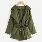 Romwe Plus Waterfall Neck Knot Front Ruched Solid Coat