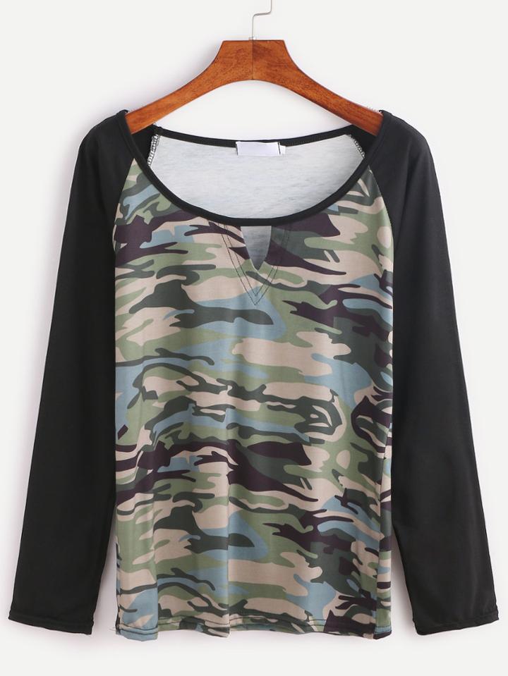Romwe Contrast Camo Print V Cut Raglan Sleeve T-shirt