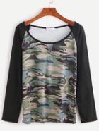 Romwe Contrast Camo Print V Cut Raglan Sleeve T-shirt