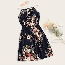 Romwe Floral Print Drawstring Neck Dress