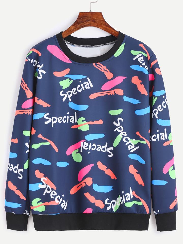 Romwe Blue Contrast Trim Printed Sweatshirt