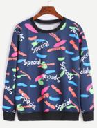 Romwe Blue Contrast Trim Printed Sweatshirt