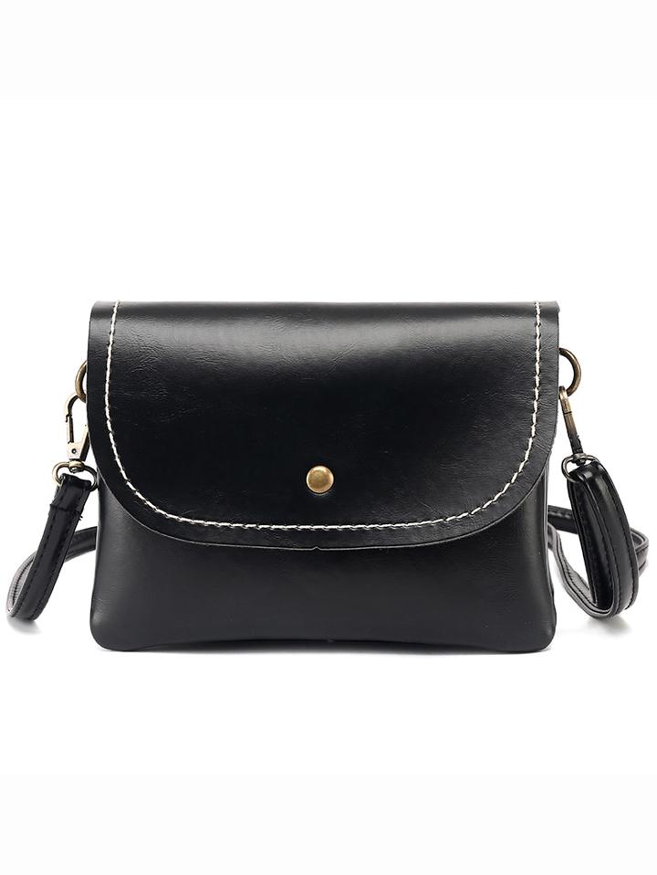 Romwe Faux Leather Snap Button Closure Flap Bag - Black