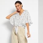 Romwe Knot Front Flounce Sleeve Poker Print Blouse