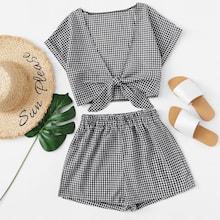 Romwe Tie Front Gingham Top With Shorts