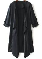 Romwe Black Long Sleeve Asymmetrical Trench Coat