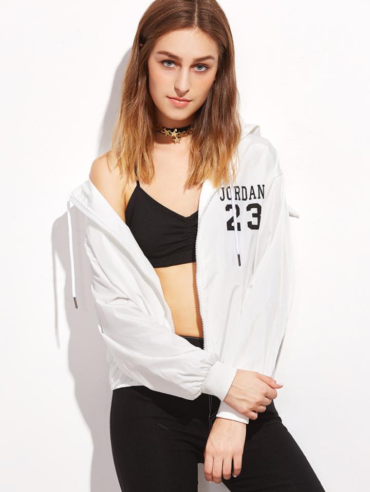 Romwe White Printed Zip Up Jacket With Devil Horn Hood