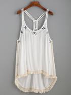 Romwe White Fringe Crochet Trim Embroidered Cami Top