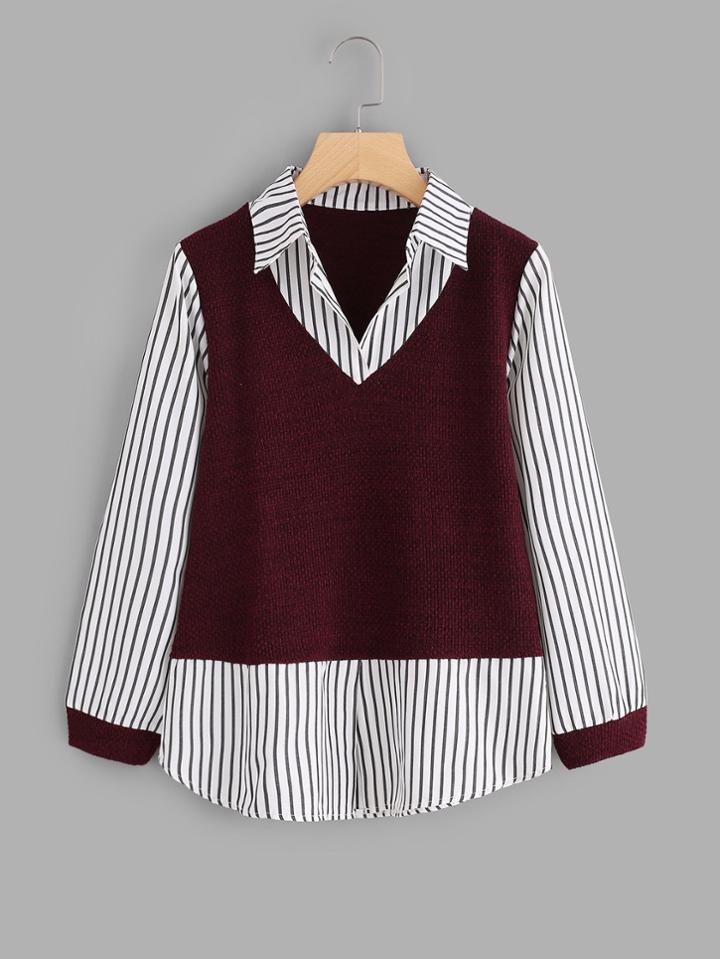 Romwe Contrast 2 In 1 Striped Blouse