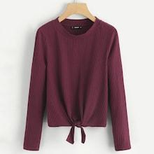 Romwe Tie Front Ribbed Knit Solid Tee