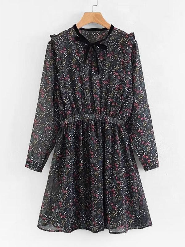 Romwe Tie Neck Calico Print Dress